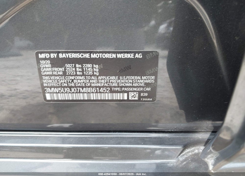 2021 BMW 3 SERIES VIN: 3MW5U9J07M8B61452