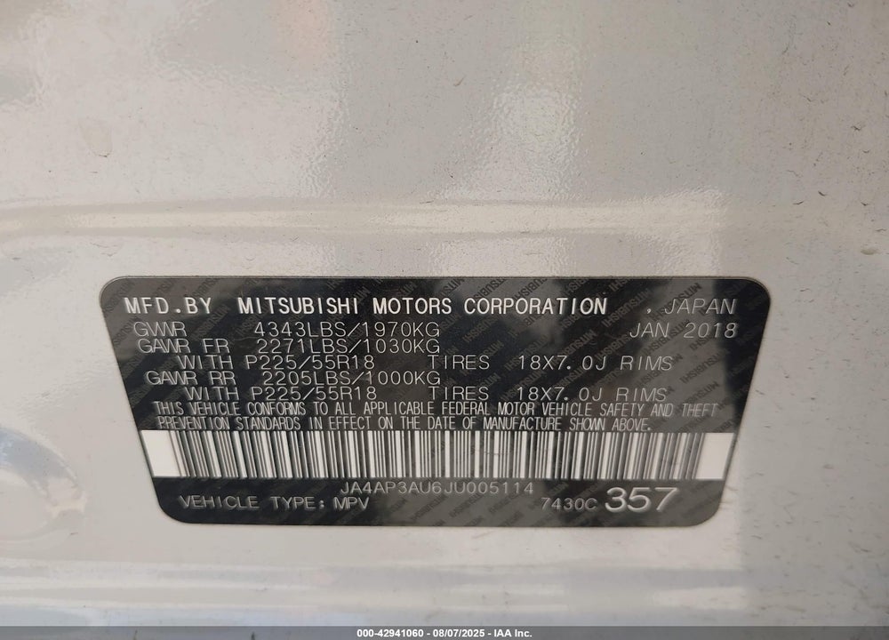 2018 MITSUBISHI OUTLANDER SPORT VIN: JA4AP3AU6JU005114