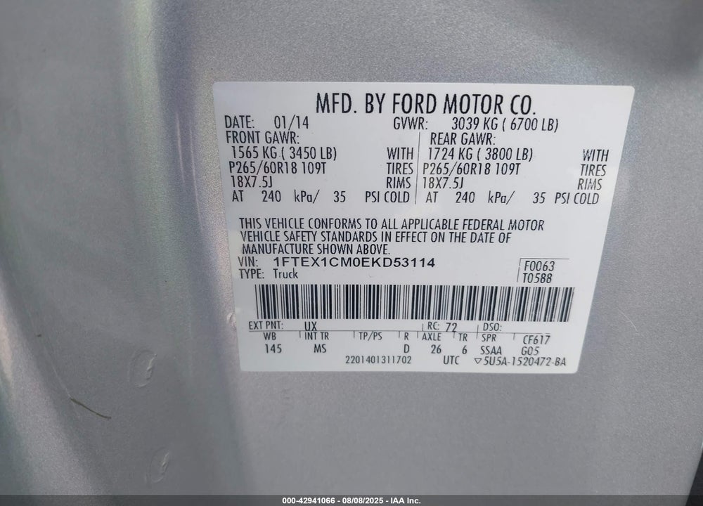 2014 FORD F-150 XLT VIN: 1FTEX1CM0EKD53114