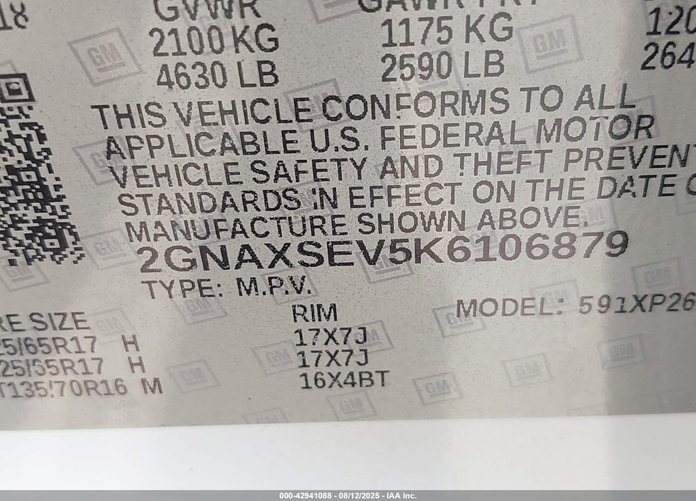 2019 CHEVROLET EQUINOX LS VIN: 2GNAXSEV5K6106879