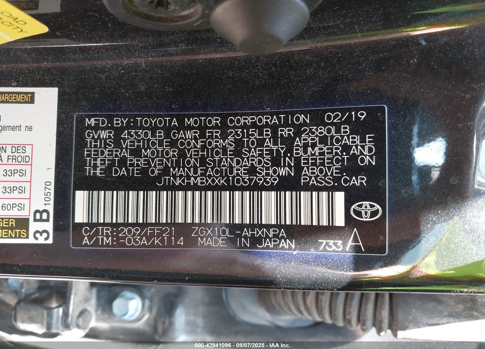 2019 TOYOTA C-HR VIN: JTNKHMBXXK1037939