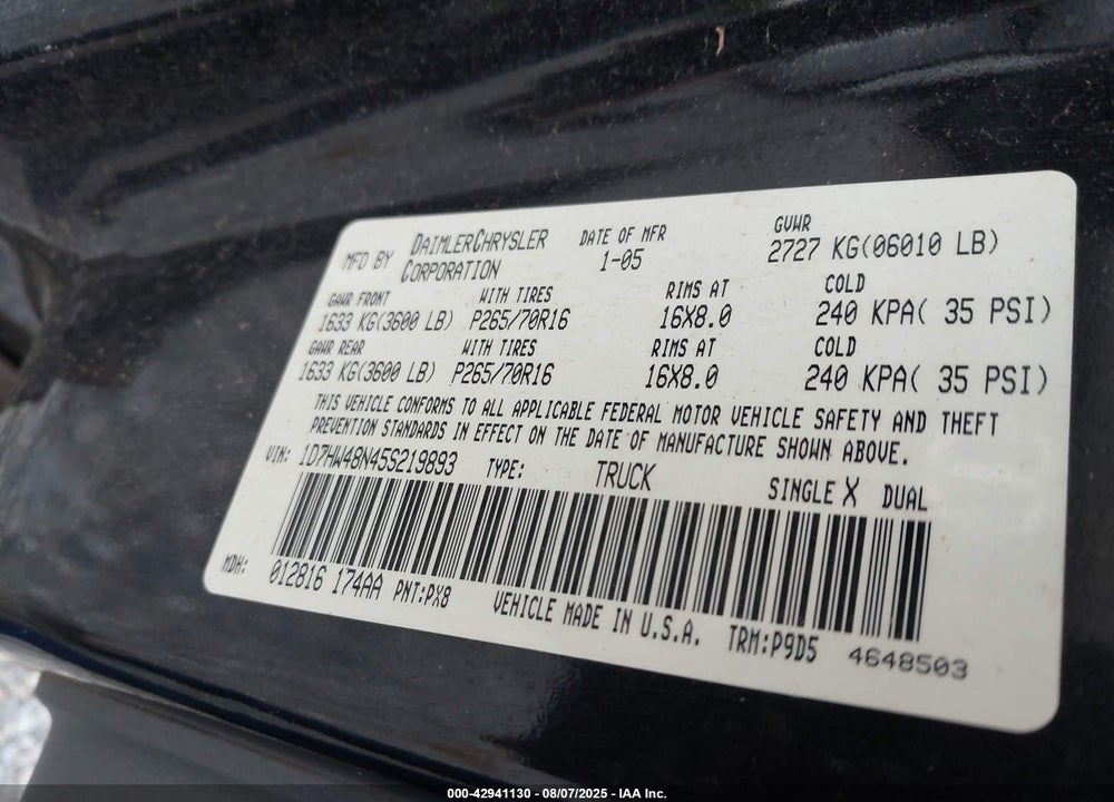 2005 DODGE DAKOTA SLT VIN: 1D7HW48N45S219893