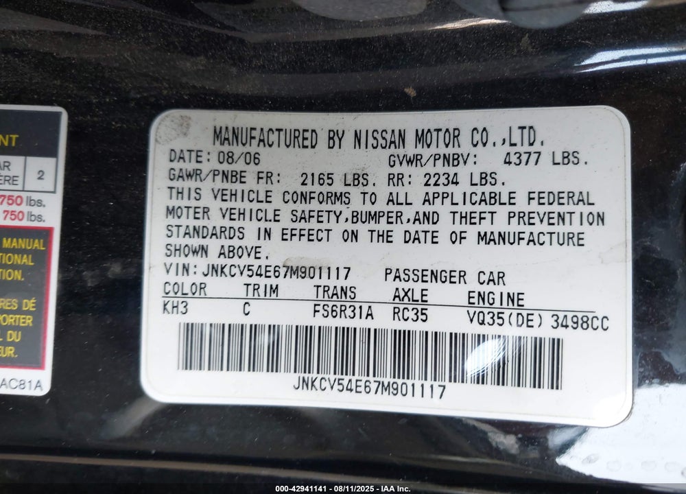 2007 INFINITI G35 VIN: JNKCV54E67M901117