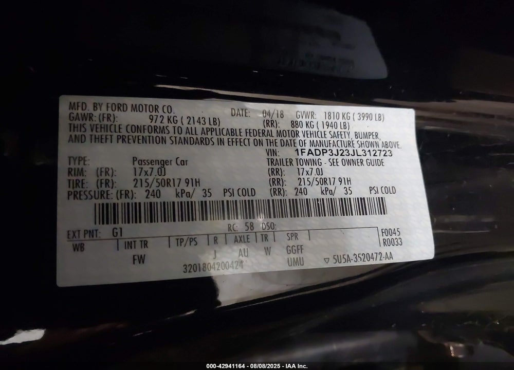 2018 FORD FOCUS VIN: 1FADP3J23JL312723