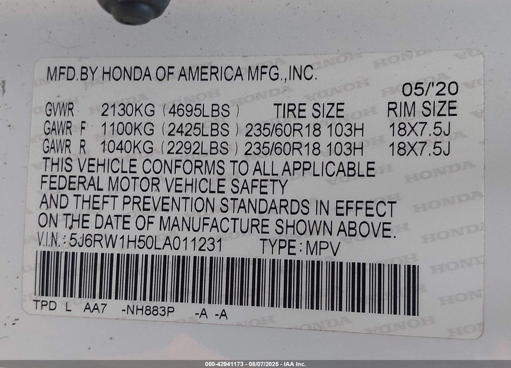 2020 HONDA CR-V VIN: 5J6RW1H50LA011231
