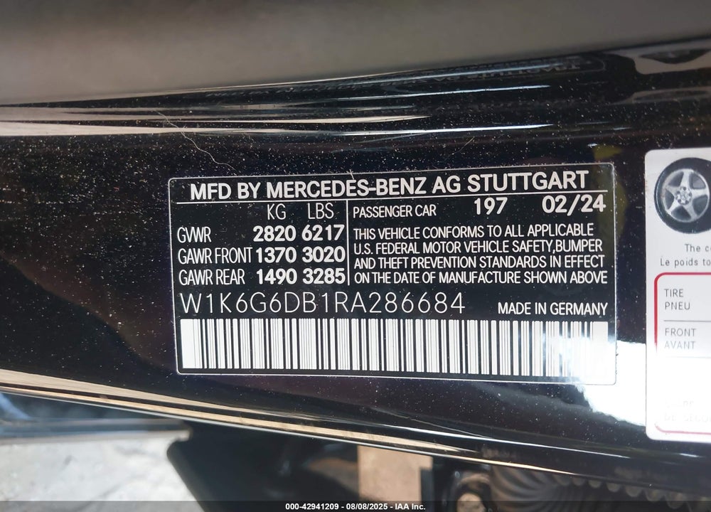2024 MERCEDES-BENZ S CLASS VIN: W1K6G6DB1RA286684