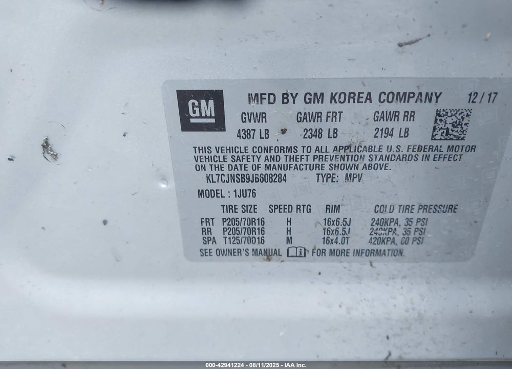 2018 CHEVROLET TRAX VIN: KL7CJNSB9JB608284
