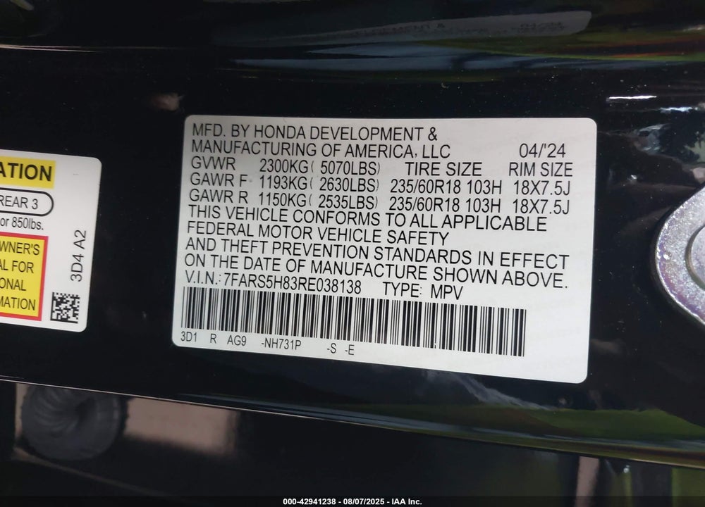 2024 HONDA CR-V VIN: 7FARS5H83RE038138
