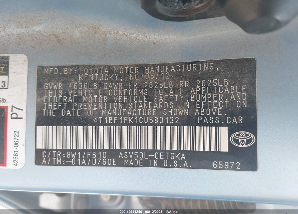 2012 TOYOTA CAMRY VIN: 4T1BF1FK1CU580132
