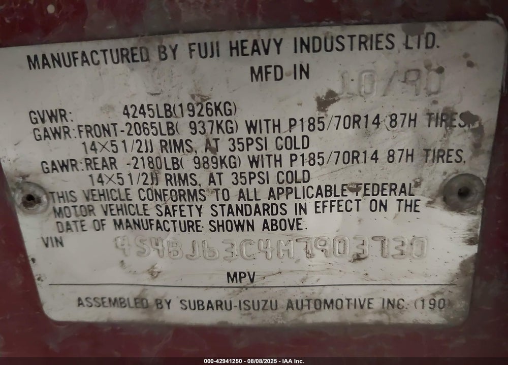 1991 SUBARU LEGACY L/HX/PX/RX VIN: 4S4BJ63C4M7903730
