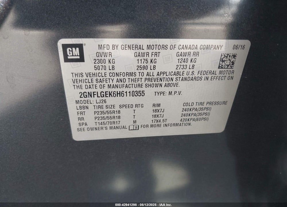 2017 CHEVROLET EQUINOX VIN: 2GNFLGEK6H6110355