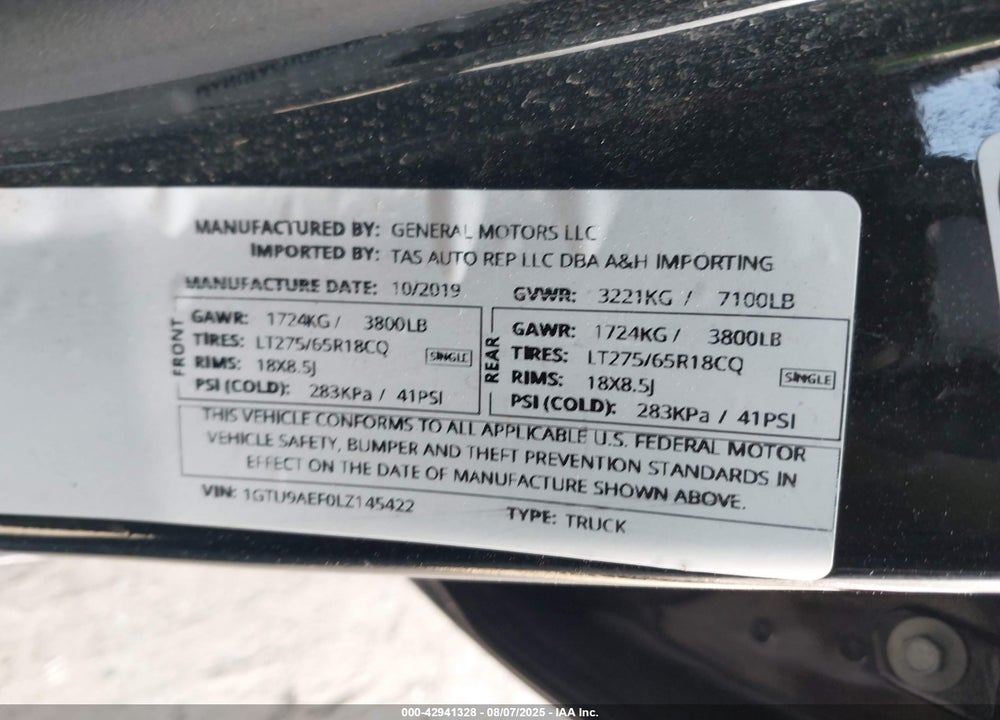 2020 GMC SIERRA 1500 VIN: 1GTU9AEF0LZ145422