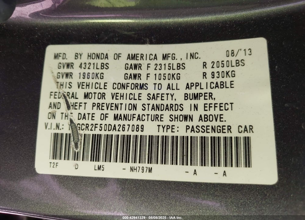 2013 HONDA ACCORD SPORT VIN: 1HGCR2F50DA267089