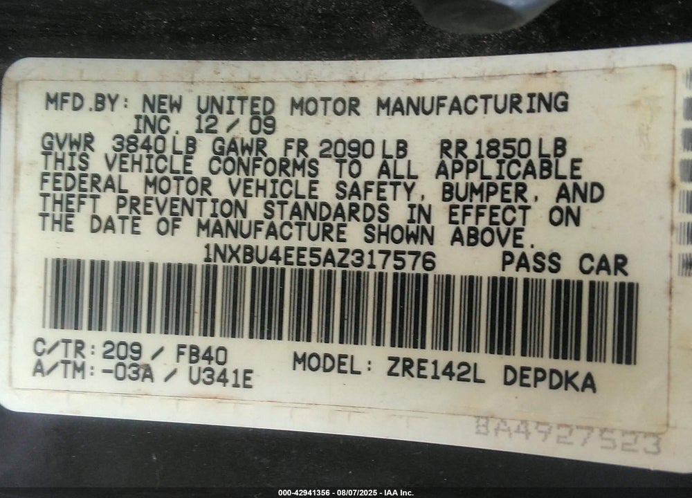 2010 TOYOTA COROLLA VIN: 1NXBU4EE5AZ317576