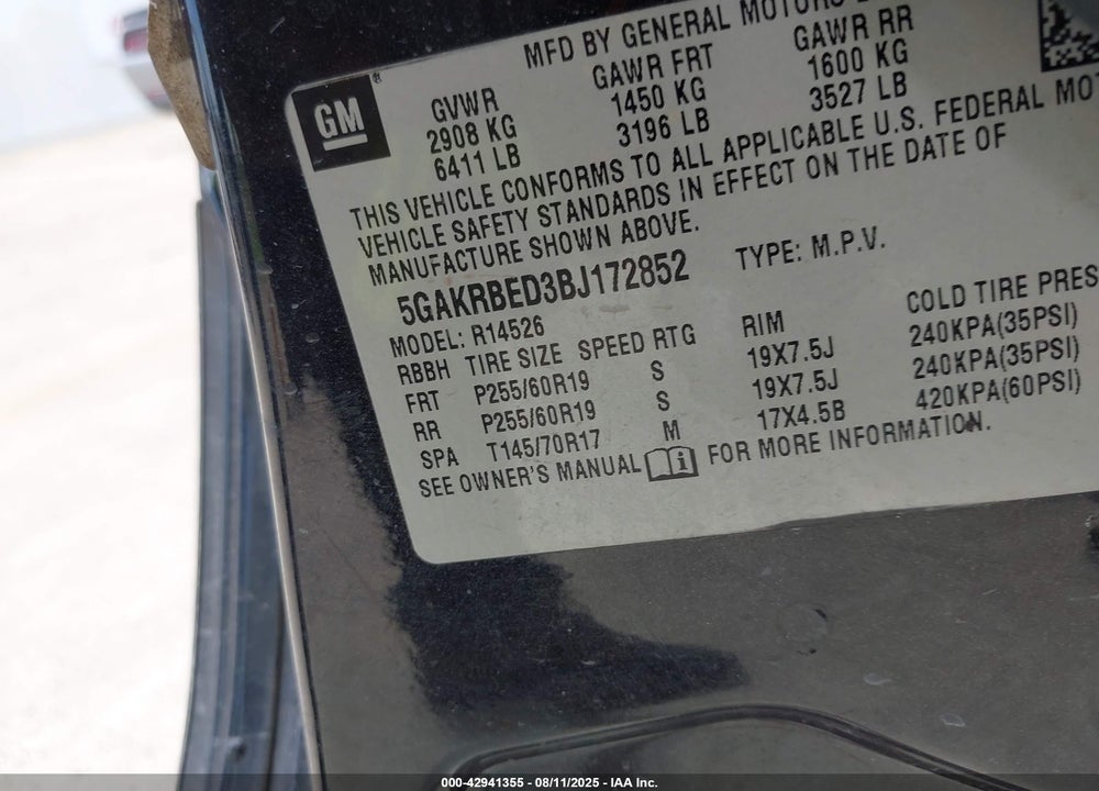 2011 BUICK ENCLAVE 1XL VIN: 5GAKRBED3BJ172852