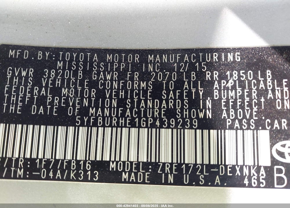 2016 TOYOTA COROLLA VIN: 5YFBURHE1GP439239