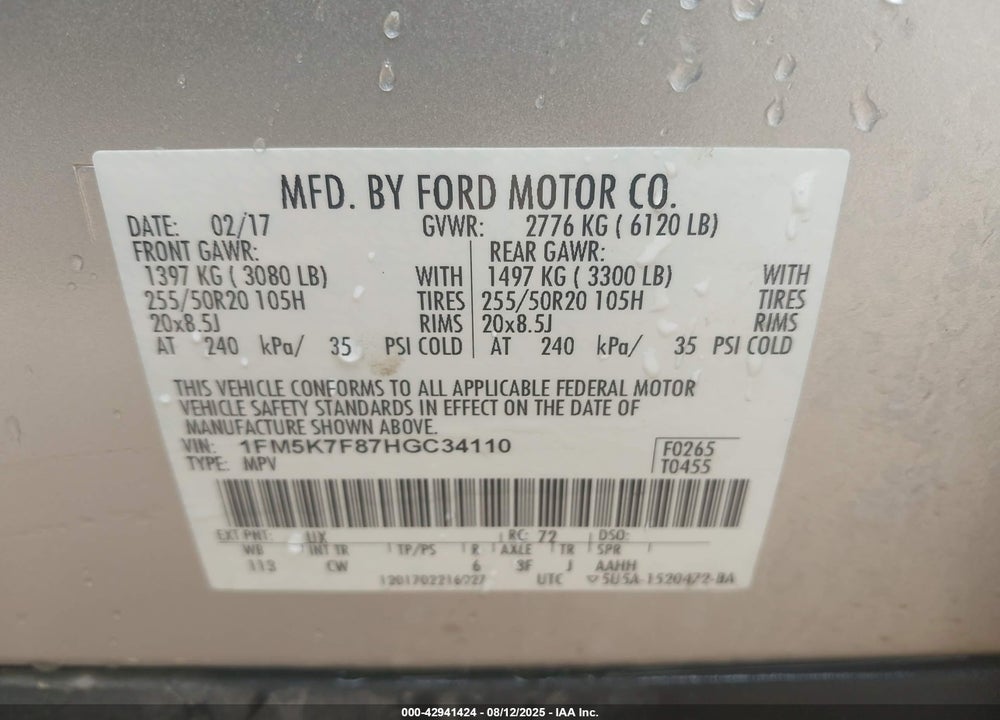2017 FORD EXPLORER LIMITED VIN: 1FM5K7F87HGC34110