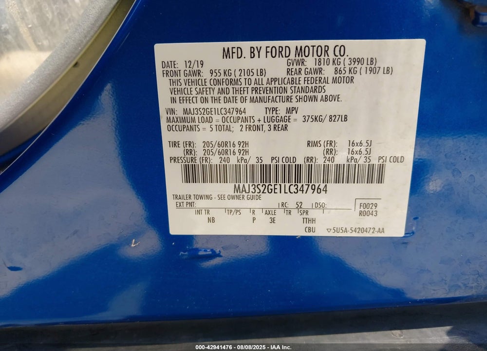 2020 FORD ECOSPORT VIN: MAJ3S2GE1LC347964