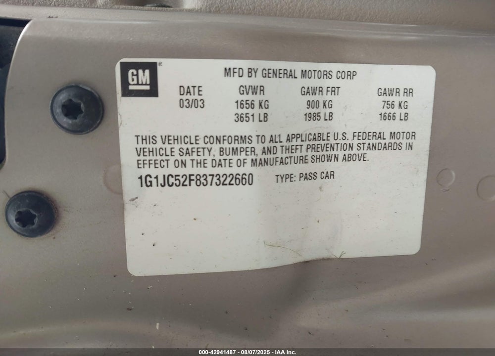2003 CHEVROLET CAVALIER VIN: 1G1JC52F837322660