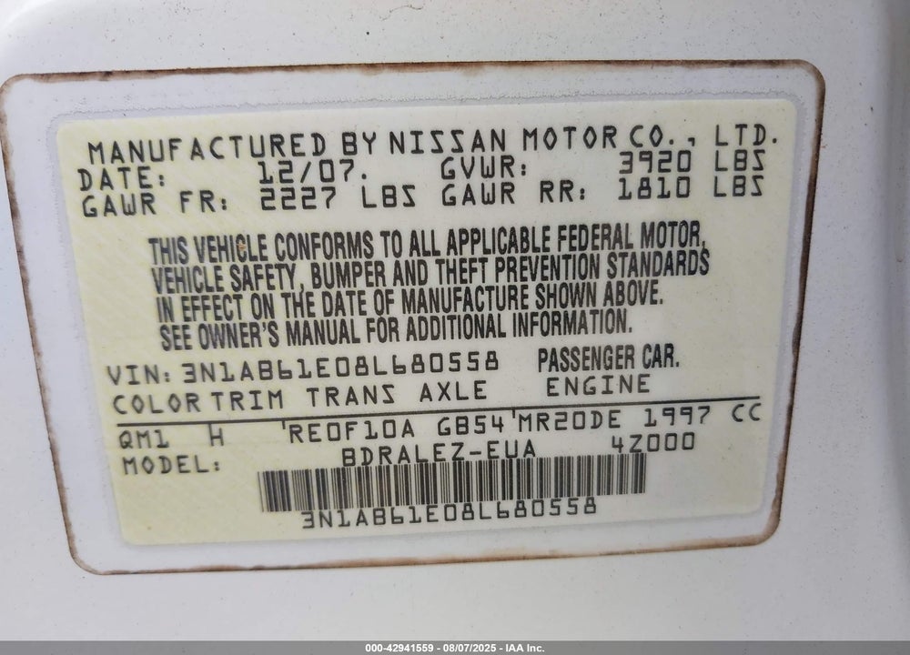 2008 NISSAN SENTRA 2.0S VIN: 3N1AB61E08L680558