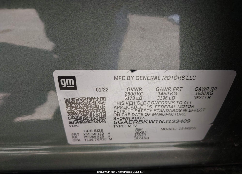2022 BUICK ENCLAVE VIN: 5GAERBKW1NJ133409