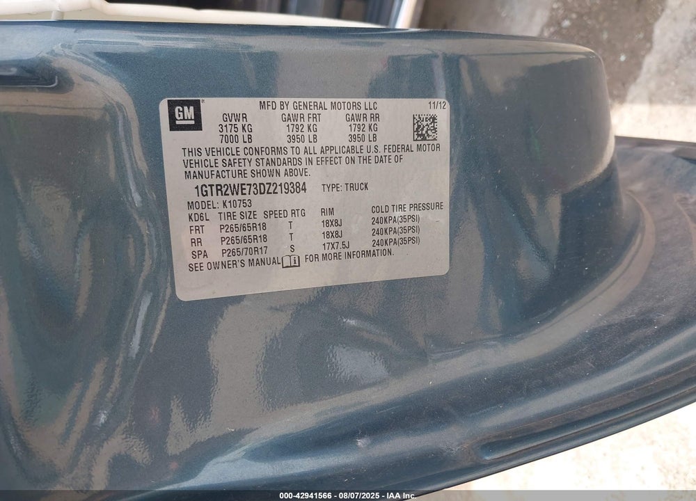 2013 GMC SIERRA 1500 SLT VIN: 1GTR2WE73DZ219384