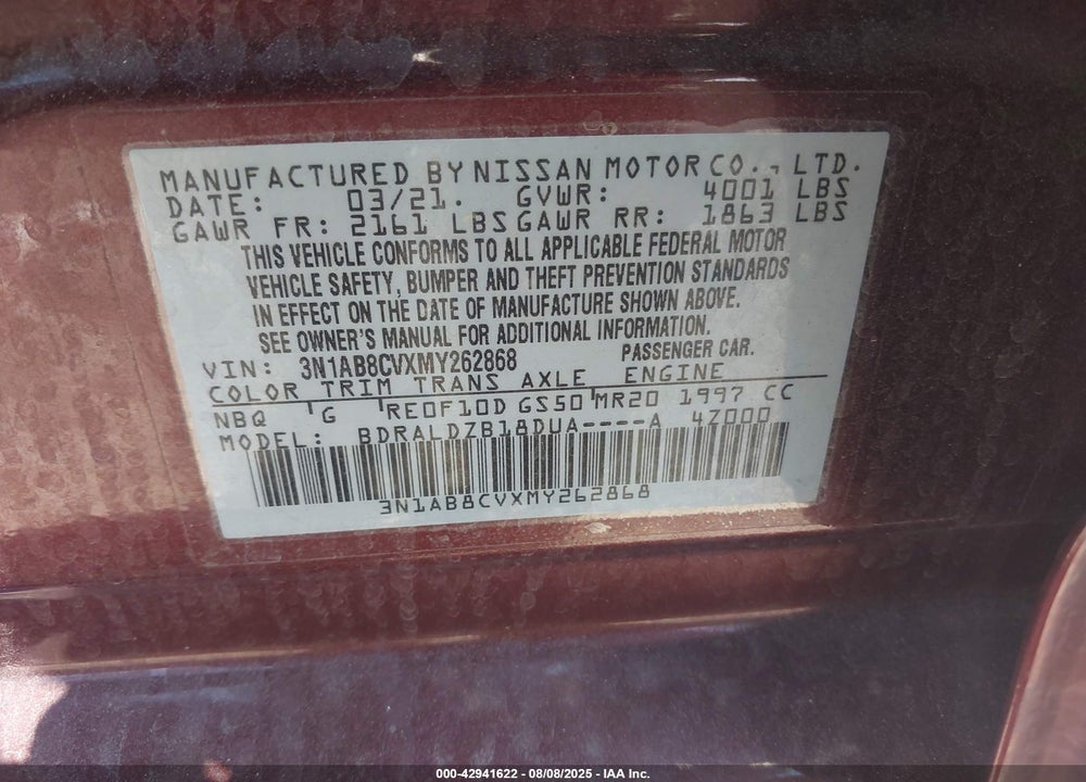 2021 NISSAN SENTRA VIN: 3N1AB8CVXMY262868