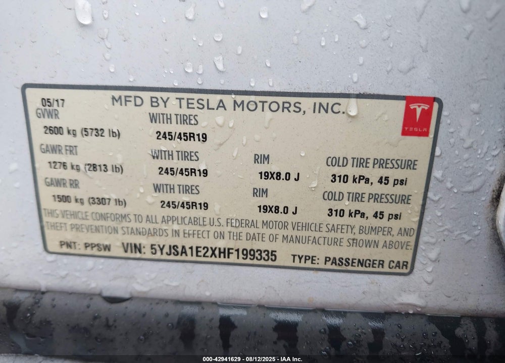2017 TESLA MODEL S 100D/60D/75D/90D/P100D VIN: 5YJSA1E2XHF199335