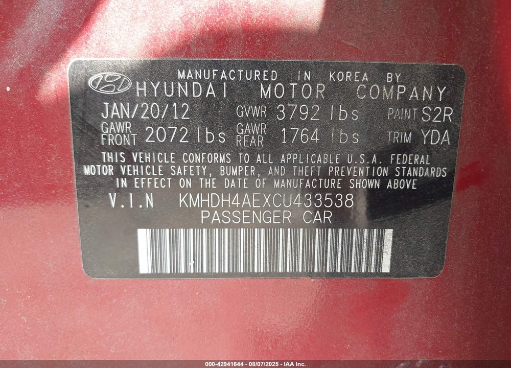 2012 HYUNDAI ELANTRA VIN: KMHDH4AEXCU433538