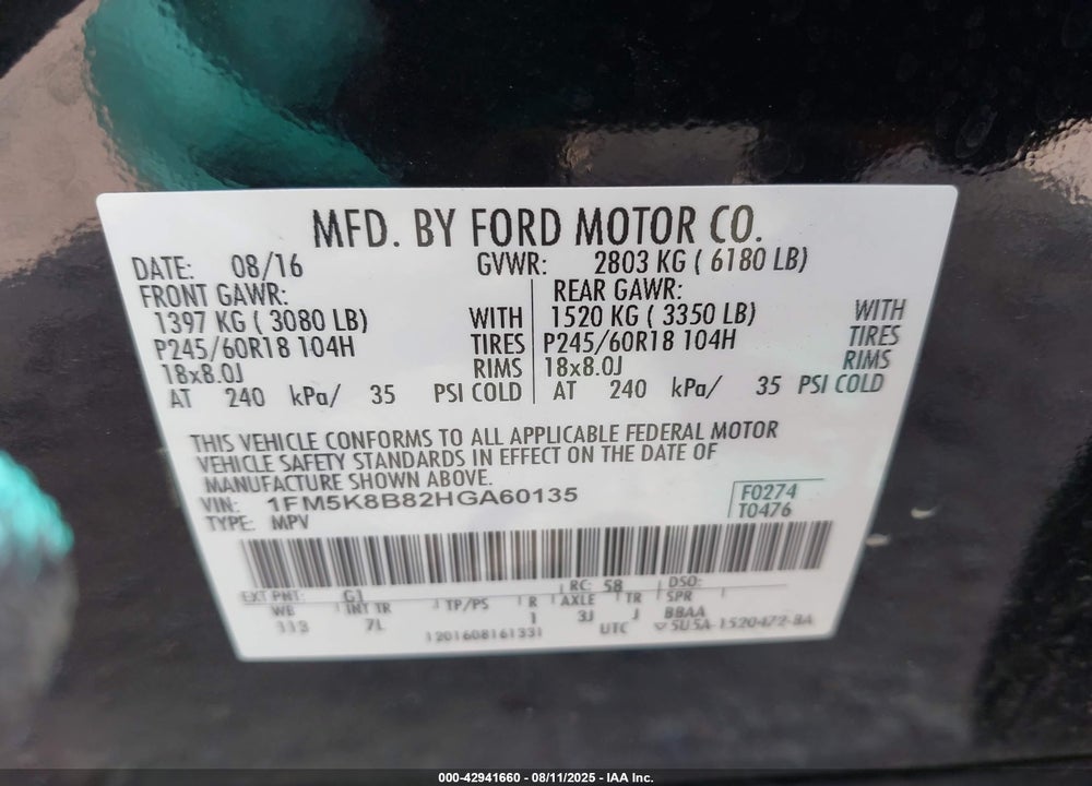 2017 FORD EXPLORER VIN: 1FM5K8B82HGA60135