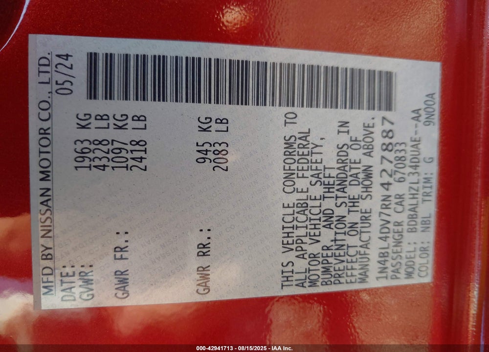 2024 NISSAN ALTIMA VIN: 1N4BL4DV7RN427887