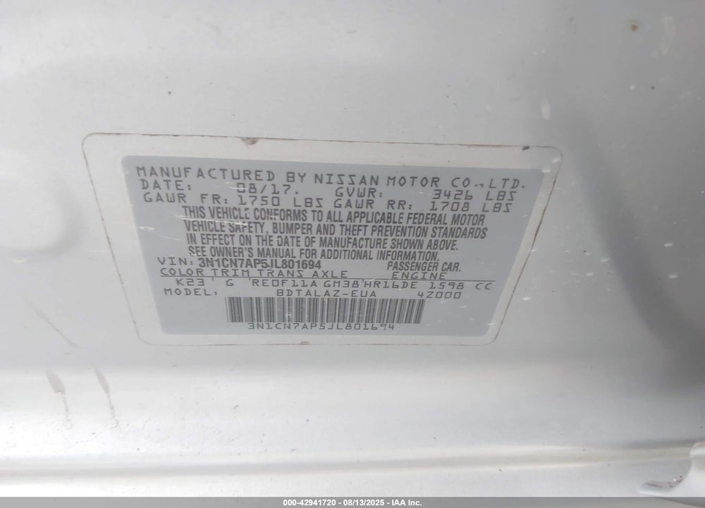 2018 NISSAN VERSA 1.6 S+ VIN: 3N1CN7AP5JL801694