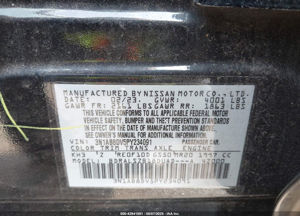 2023 NISSAN SENTRA VIN: 3N1AB8DV5PY234091