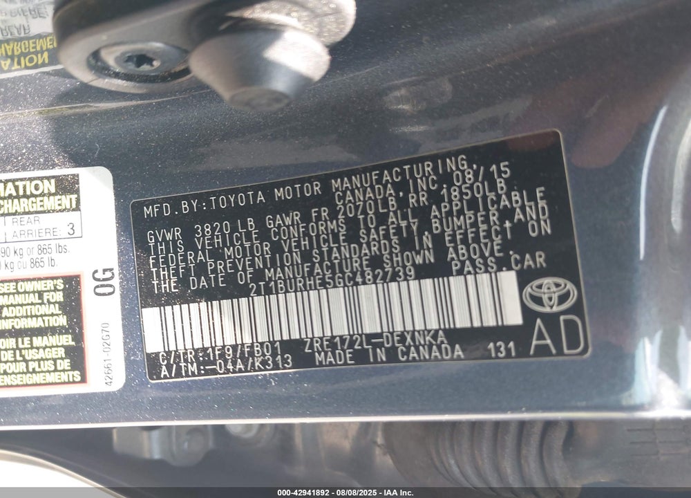 2016 TOYOTA COROLLA VIN: 2T1BURHE5GC482739