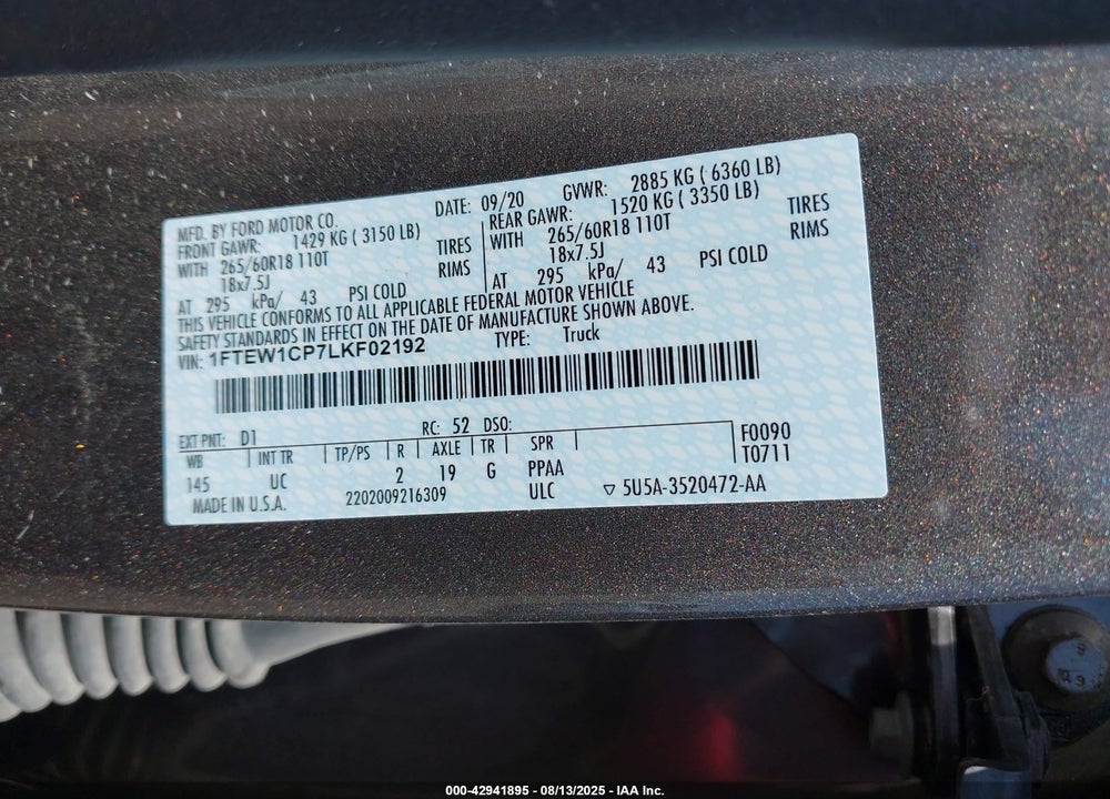 2020 FORD F-150 VIN: 1FTEW1CP7LKF02192