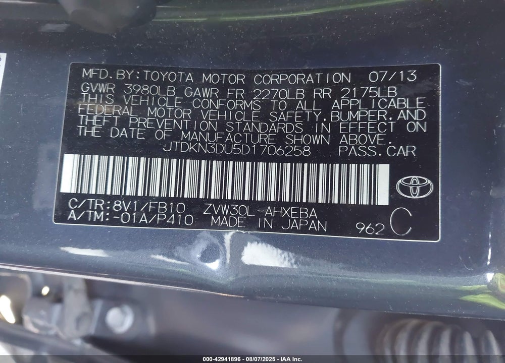 2013 TOYOTA PRIUS VIN: JTDKN3DU5D1706258