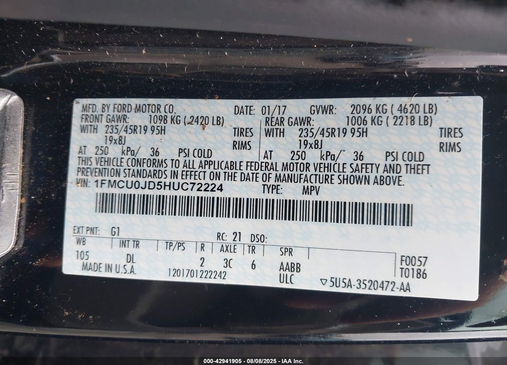 2017 FORD ESCAPE VIN: 1FMCU0JD5HUC72224