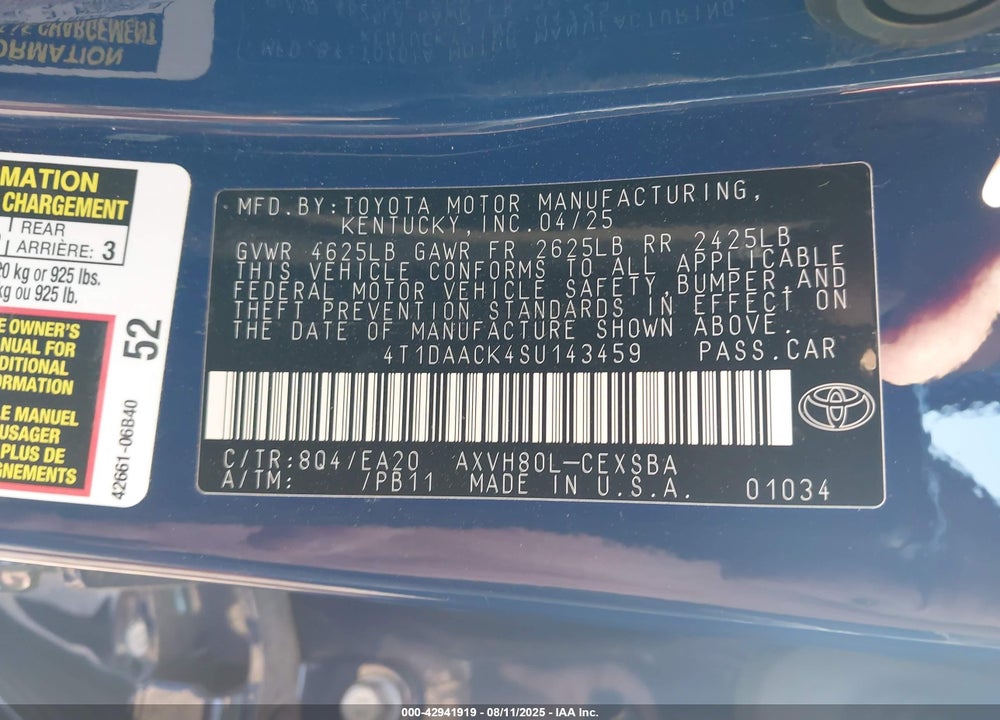2025 TOYOTA CAMRY VIN: 4T1DAACK4SU143459