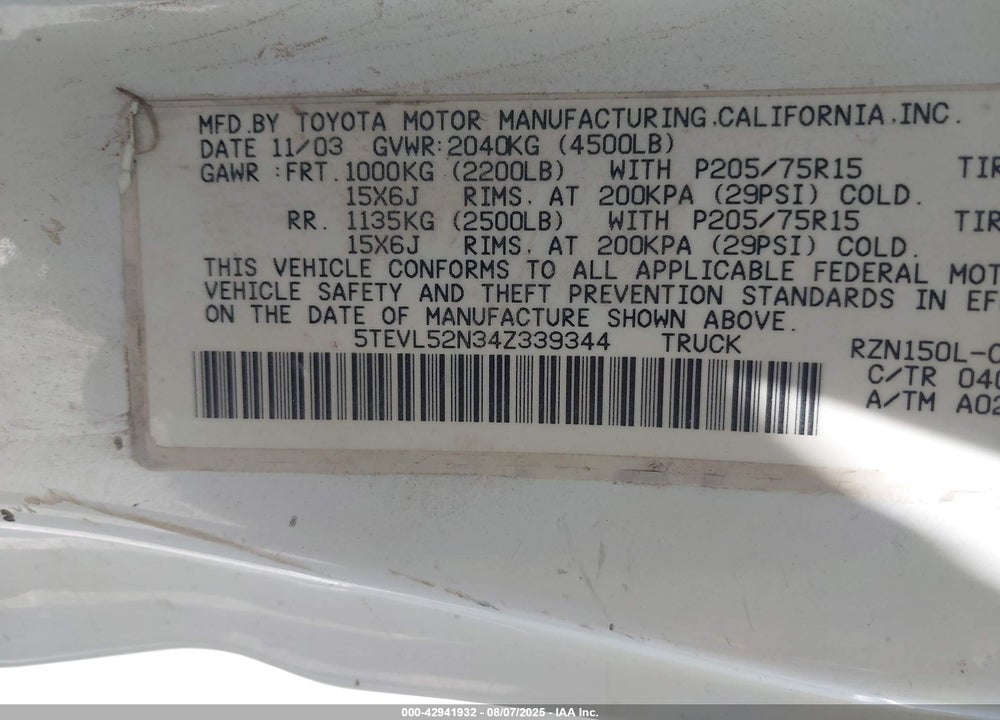 2004 TOYOTA TACOMA VIN: 5TEVL52N34Z339344