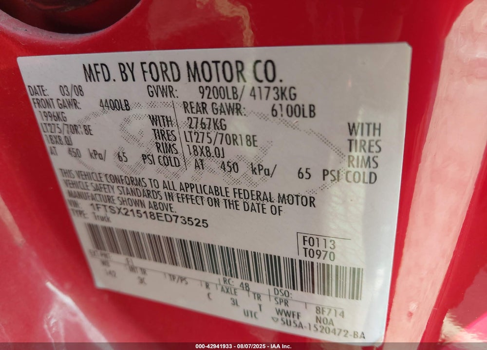 2008 FORD F-250 VIN: 1FTSX21518ED73525