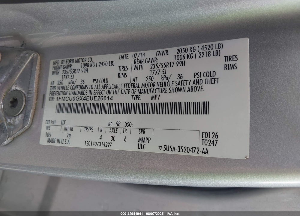 2014 FORD ESCAPE SE VIN: 1FMCU0GX4EUE26614