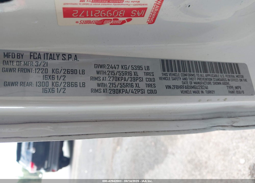 2021 RAM PROMASTER CITY VIN: ZFBHRFABXM6U28241