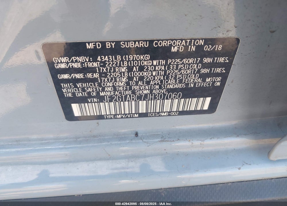 2018 SUBARU CROSSTREK 2.0I PREMIUM VIN: JF2GTABC7JH307060