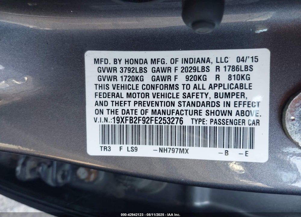 2015 HONDA CIVIC VIN: 19XFB2F92FE253276