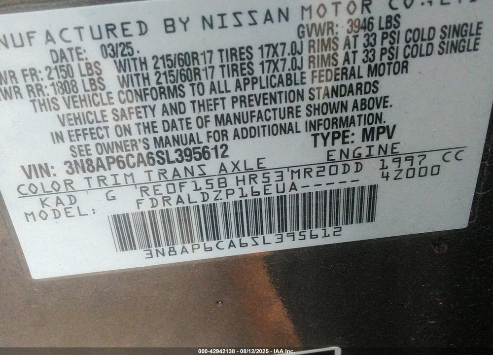 2025 NISSAN KICKS VIN: 3N8AP6CA6SL395612