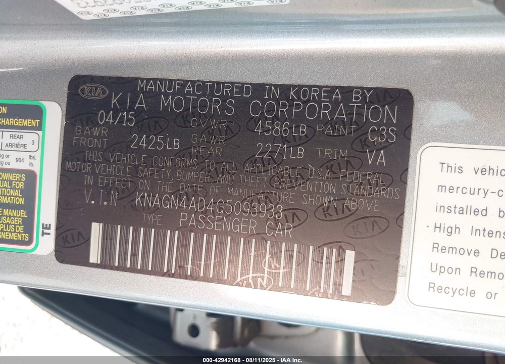 2016 KIA OPTIMA HYBRID VIN: KNAGN4AD4G5093933
