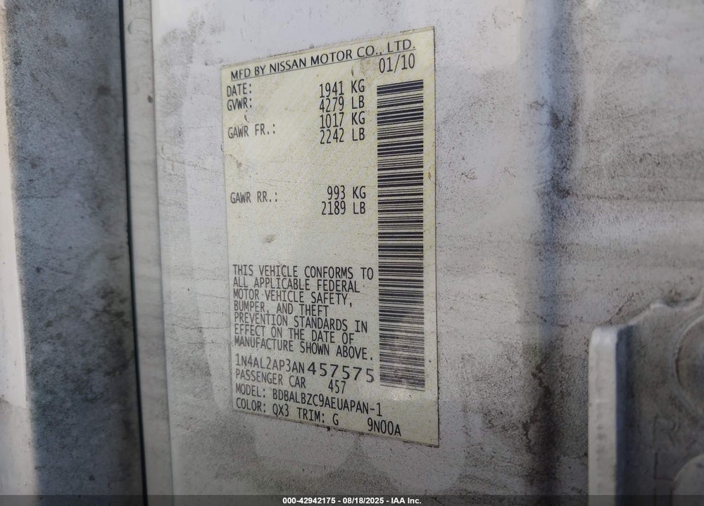 2010 NISSAN ALTIMA VIN: 1N4AL2AP3AN457575
