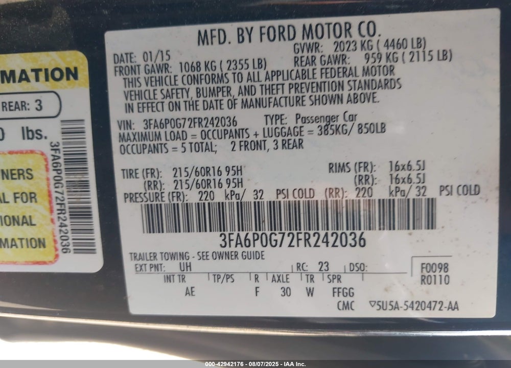 2015 FORD FUSION VIN: 3FA6P0G72FR242036