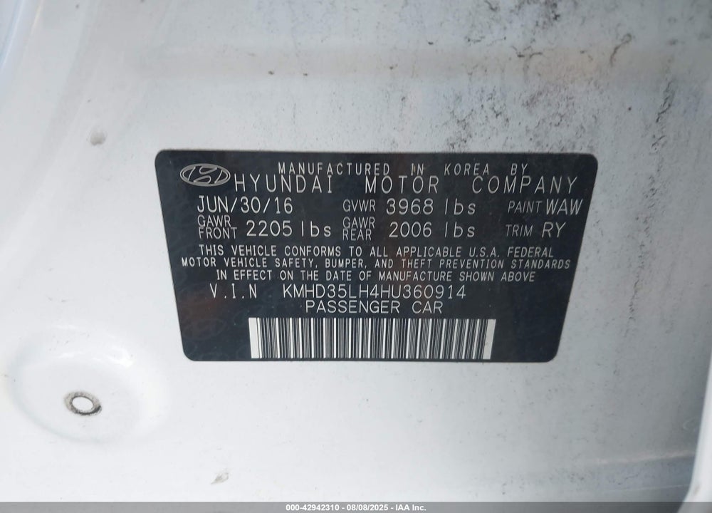 2017 HYUNDAI ELANTRA VIN: KMHD35LH4HU360914