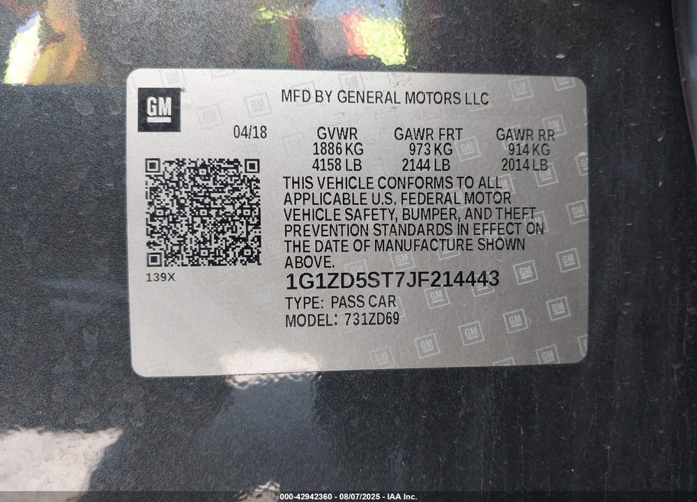 2018 CHEVROLET MALIBU VIN: 1G1ZD5ST7JF214443